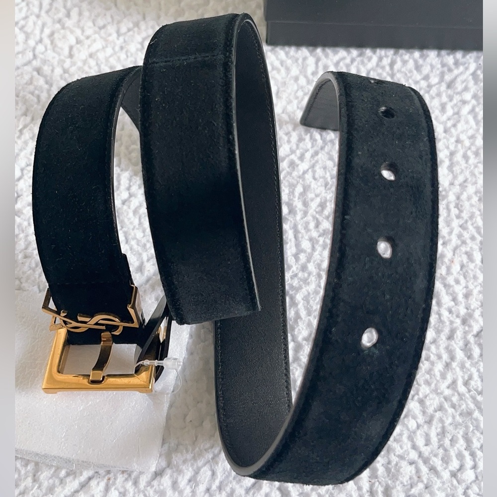 Saint Laurent  YSL Cassandre Belt With Square Buckle  In Suede - Picture 4 of 16